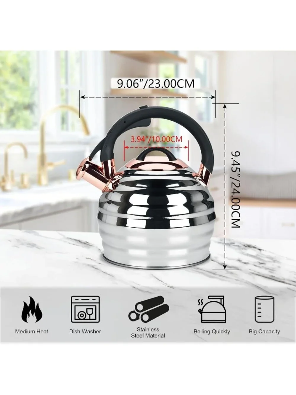 Gold Kitchen Whistling Teakettle 3.2Q Stainless Steel Stovetop Heat Proof Handle